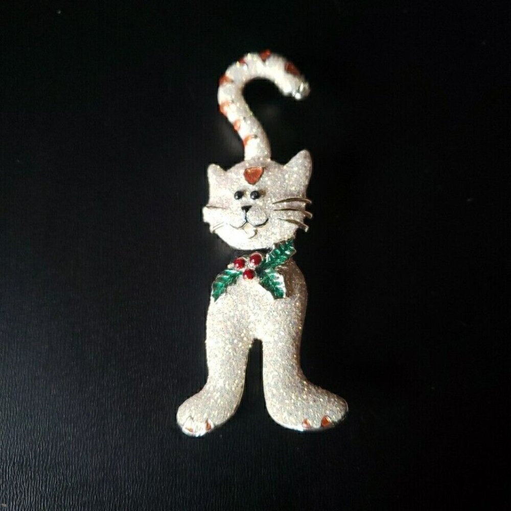 Silver Cat Brooch With Candy Cane Tail & Festive Green Red Bow